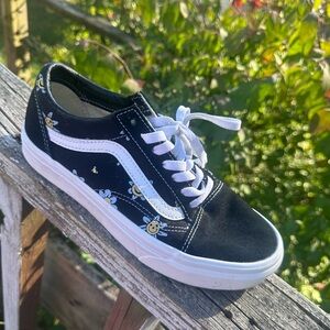 Vans Black and White Sneakers with Flower Accents